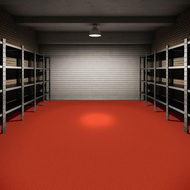 Perfection Floor Tile Vinyl Diamond Tiles in Red Shown in Context of a Garage