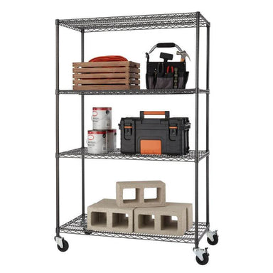 Trinity TBFPBA-0925 (48x24x72) PRO 4-Tier Wire Shelving w/ Wheels in Black Anthracite Color. Shown with common garage, tools and contruction equipment. View from the front right.