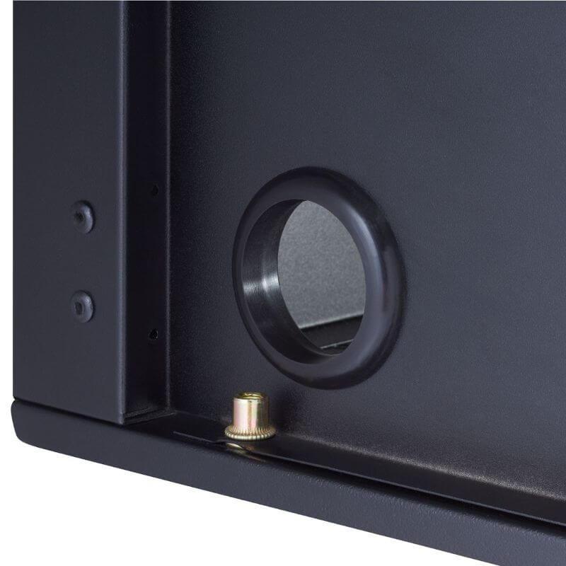 Trinity TLSPBK-0605 (36 in.) Garage Modular Cabinet in Black Close Up of Hole for Cable Management.