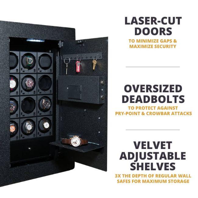 Blum Safe (301504) Watch Safe Comes with Laser-Cut Doors, 20MM Deadbolts, and Velvet-lined Adjustable Shelves that has 3x the depth of regular wall safes.