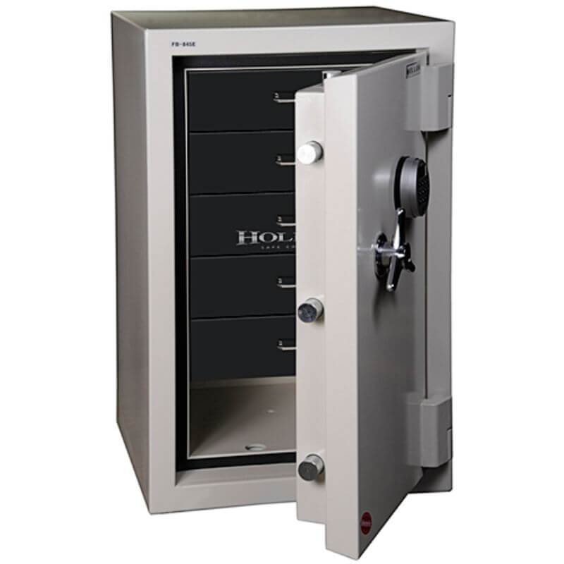 Hollon 685C-JD Jewelry Safe with Doors Opened Showing Black Drawer Inserts. Equipped with Dial Locks.