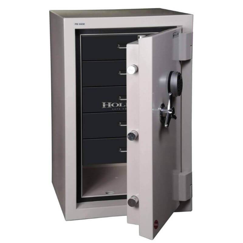 Hollon 845E-JD Jewelry Safe with Doors Opened Showing Black Drawer Inserts. Equipped with Dial Locks.