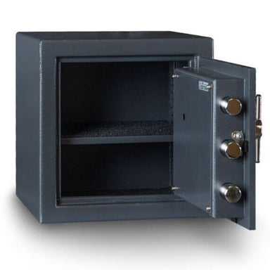 Hollon B1414E B-Rated Cash Box with Electronic Locks. Doors Opened Showing Interior Shelving.
