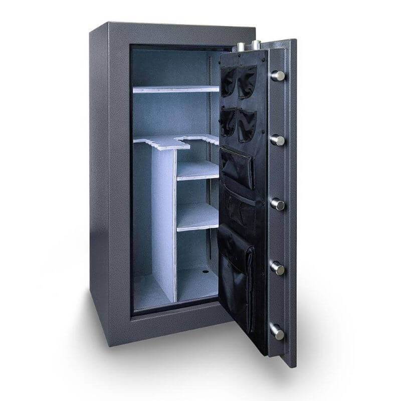 Hollon BHS-16 Black Hawk Gun Safes With Doors Opened Showing Interior Shelving and Pocket Door Organizers.