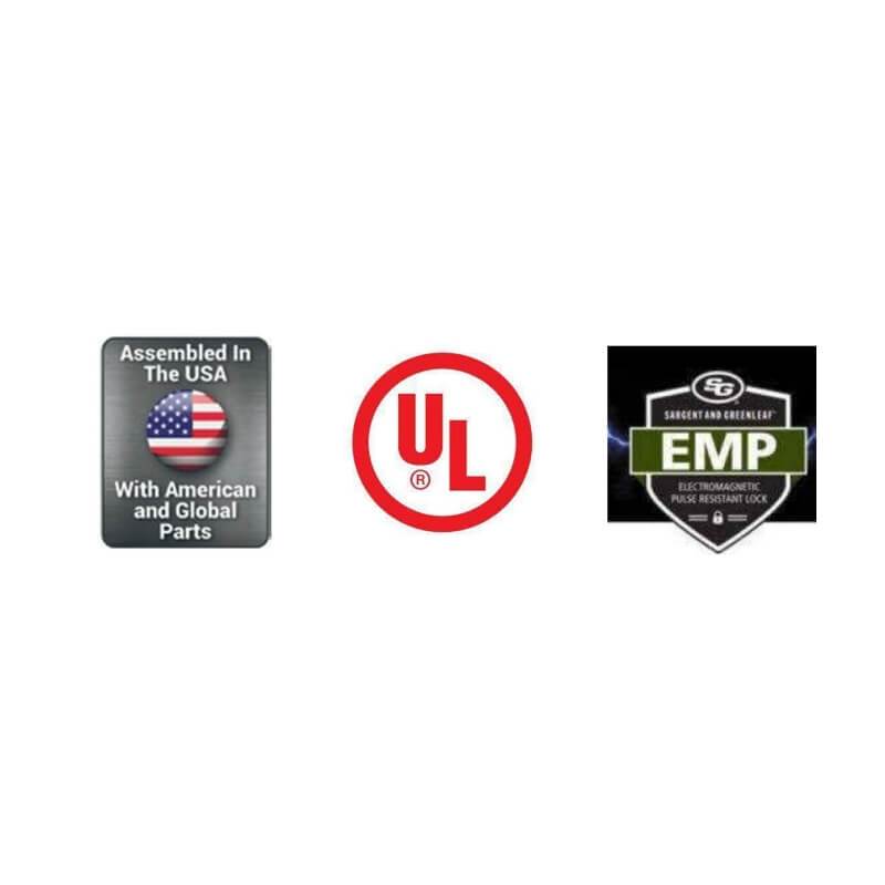 Badges showing that this product is Assembled in the USA, UL Listed and EMP Resistant.