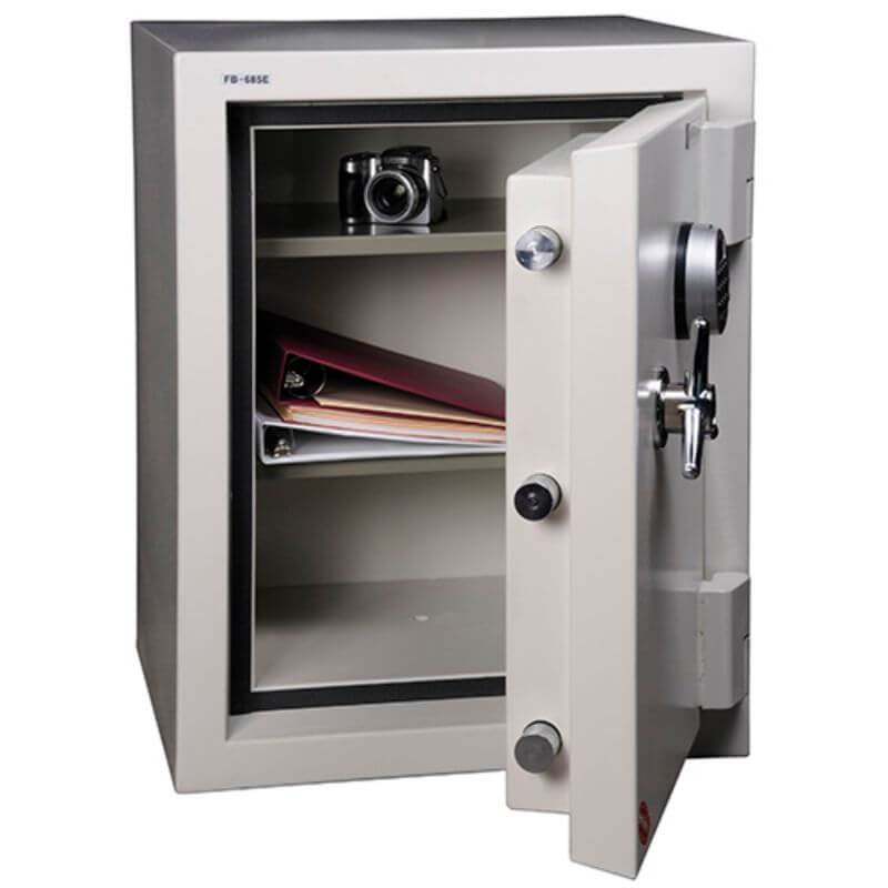 Hollon FB-685C Fire & Burglary Safe with Dial Locks, Door Opened Showing Interior Shelving