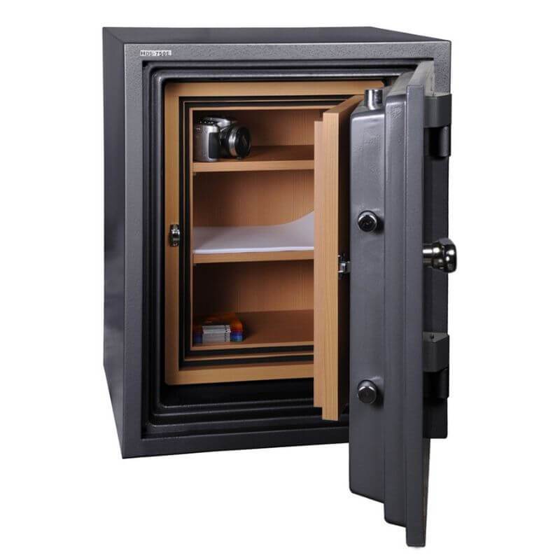 Hollon HDS-750E Data Safe with Electronic Locks. Door Opened Showing Interior Shelving