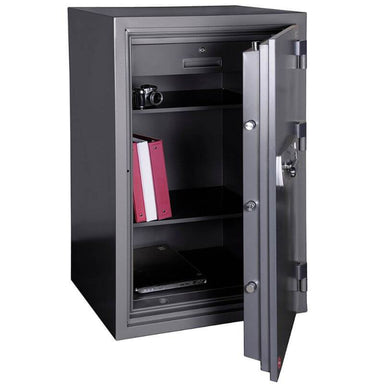 Hollon HS-1200C Office Safe with Dial Locks Viewed from the Front Left. Doors Opened Showing Interior Shelving.
