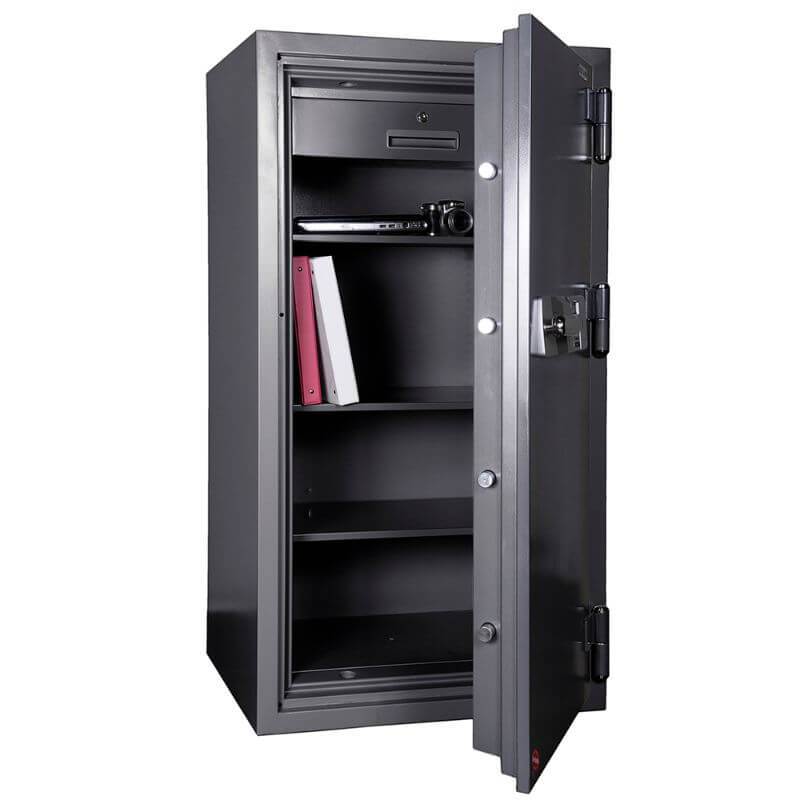 Hollon HS-1400C Office Safe with Dial Locks Viewed from the Front Left. Doors Opened Showing Interior Shelving.