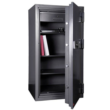 Hollon HS-1400E Office Safe with Electronic Locks Viewed from the Front Left. Doors Opened Showing Interior Shelving.