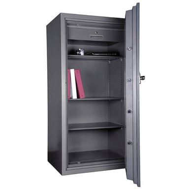 Hollon HS-1600C Office Safe with Dial Locks Viewed from the Front Left. Doors Opened Showing Interior Shelving.