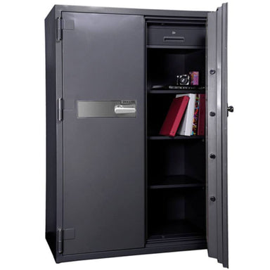 Hollon HS-1750E Office Safe with Electronic Locks Viewed from the Front Left. Doors Opened Showing Interior Shelving.