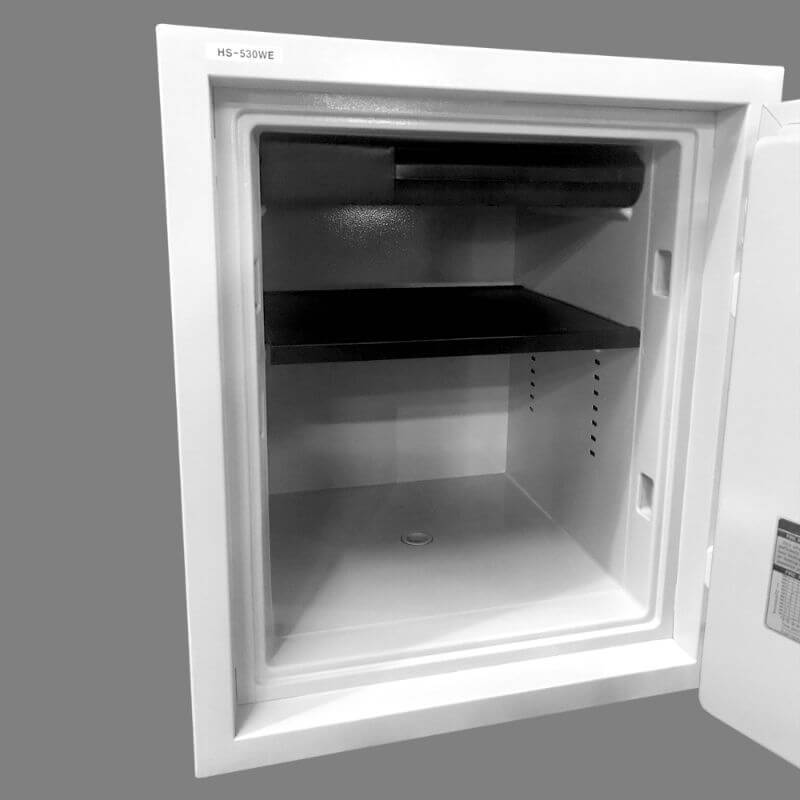 Hollon HS-530D Home Safe with Dial Locks and Door Opened, Revealing Shelf Interior Viewed from the Side