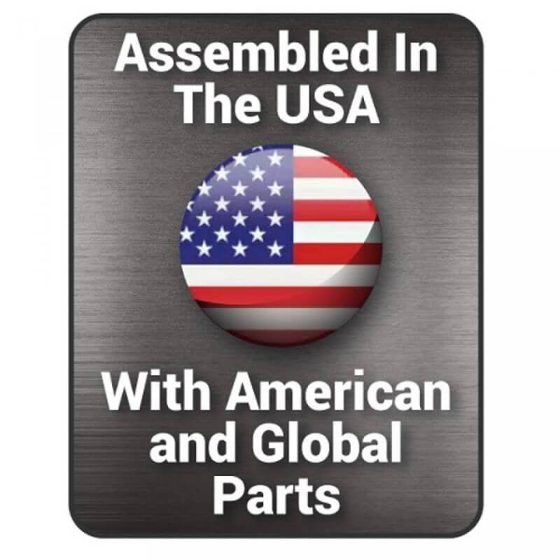 Badge indicating that this product was assembled in the USA with American and Global Parts.