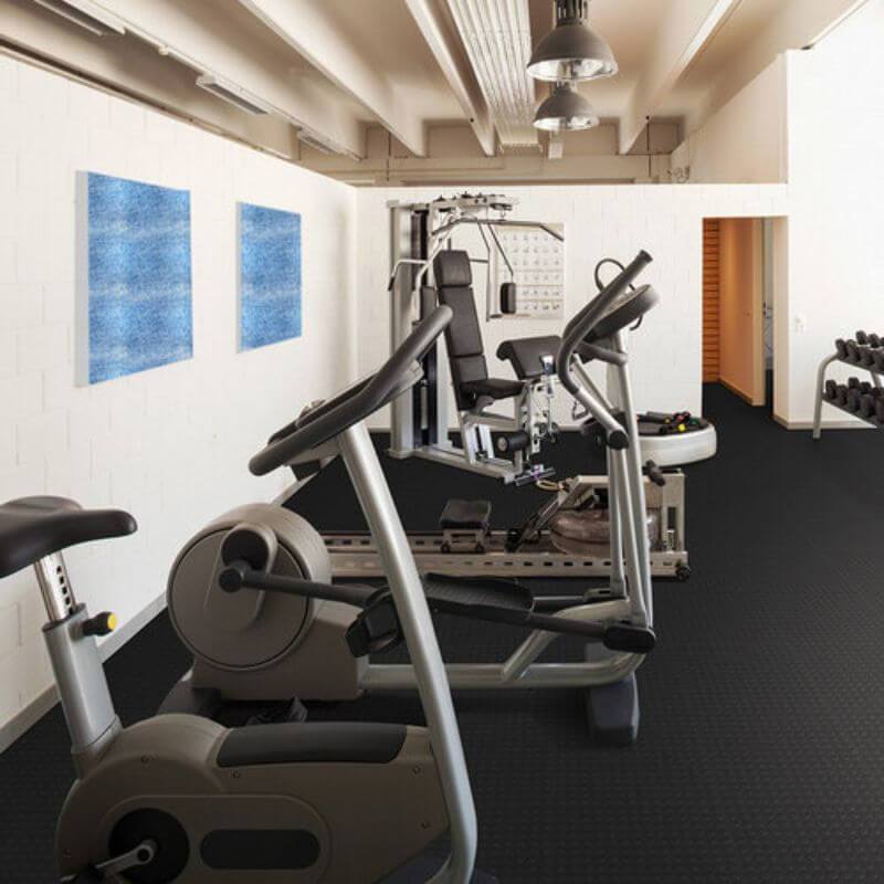 Perfection Floor Tile Vinyl Coin Tiles in Black Shown in Context of a Home Gym