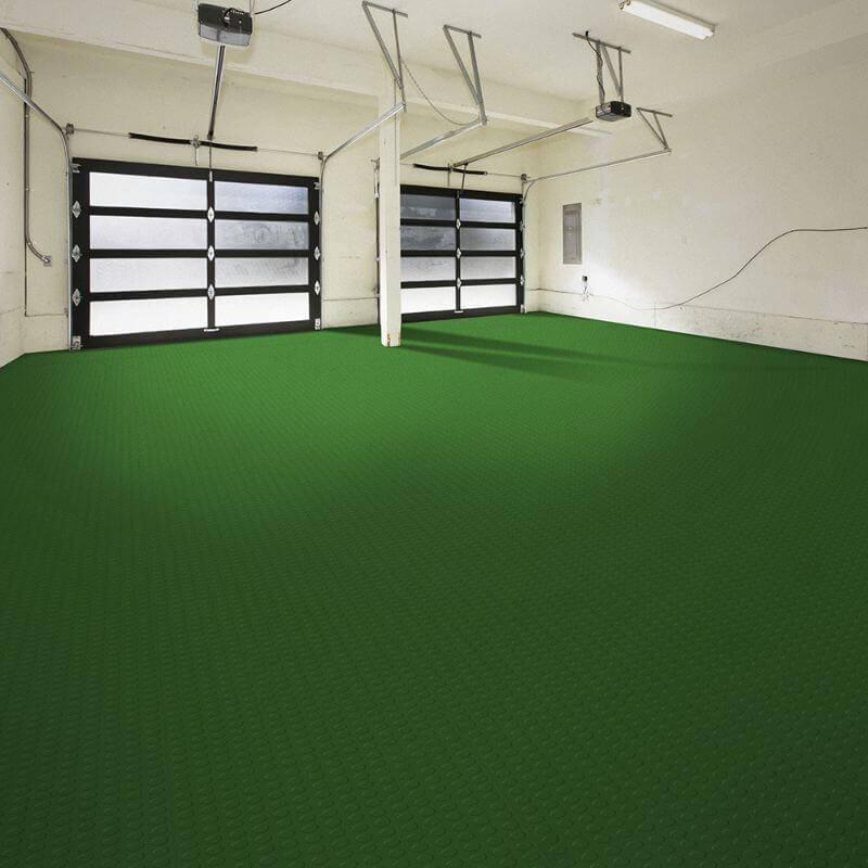 Perfection Floor Tile Vinyl Coin Tiles in Green Shown in Context of a Garage