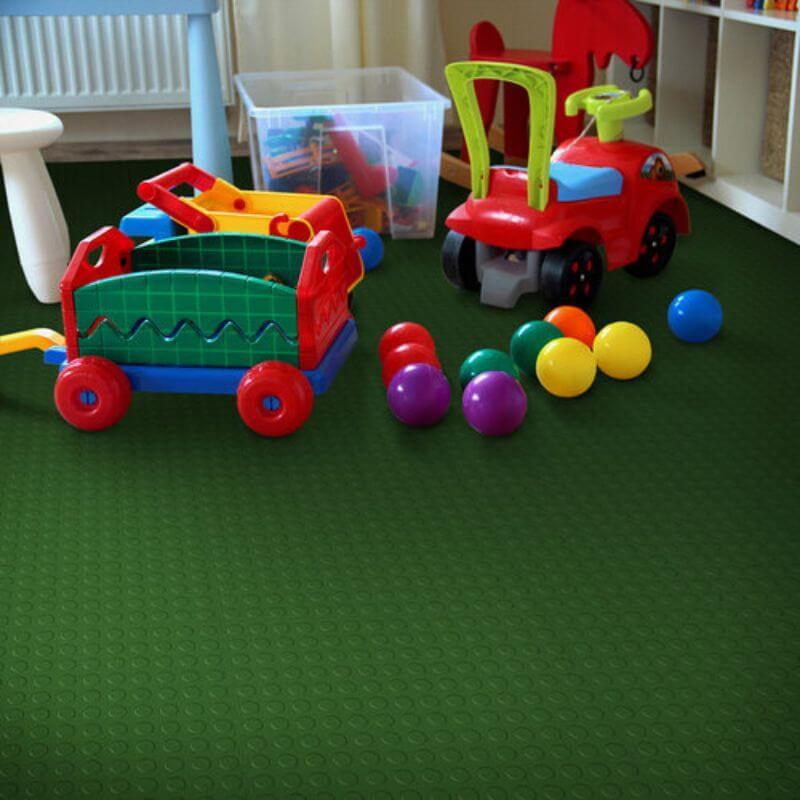 Perfection Floor Tile Vinyl Coin Tiles in Green Shown in Context of a Child's Playroom