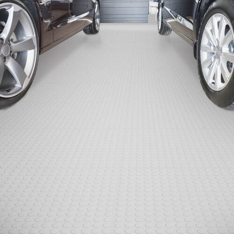 Perfection Floor Tile Vinyl Coin Tiles in White Shown in Context of a Garage