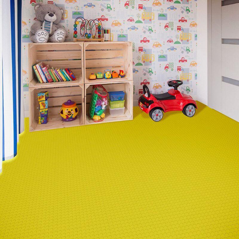 Perfection Floor Tile Vinyl Coin Tiles in Yellow Shown in Context of a Child's Play Room