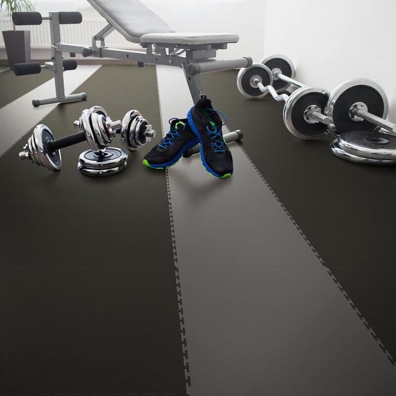 Perfection Floor Tile Duro-Gym Vinyl Smooth Tiles - 7mm Thick (20.5" x 20.5") Shown in the Context of a Home Gym with Stripe Pattern