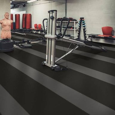 Perfection Floor Tile Duro-Gym Vinyl Smooth Tiles - 7mm Thick (20.5" x 20.5") Shown in the Context of a Home Gym with Stripe Pattern