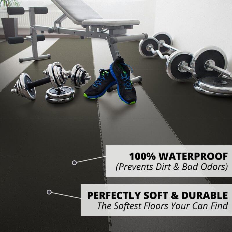 Perfection Floor Tile Duro-Gym Vinyl Smooth Tiles 100% Waterproof, which prevents dirt and bad odors, and perfectly soft and durable (The softest floors you can find)