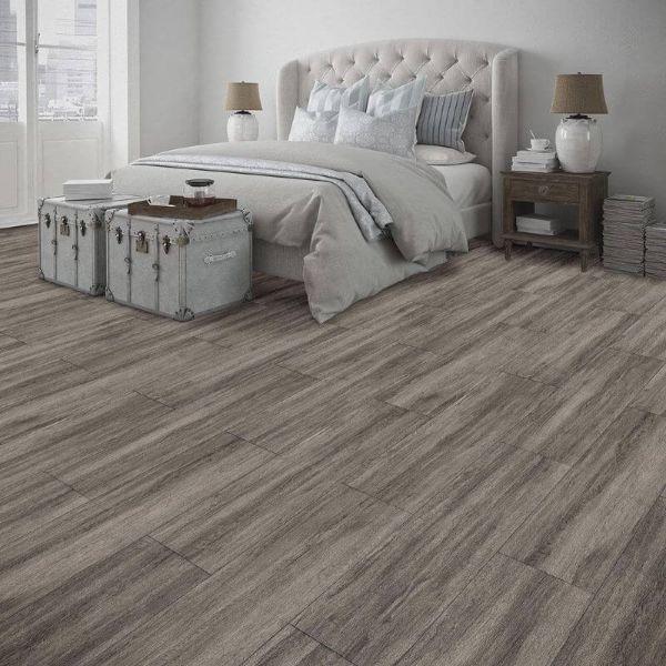 Perfection Floor Tile Breckenridge Wood Luxury Vinyl Tiles - 5mm Thick (20" x 20") with Ash Wood Pattern Shown in the Context of a Bedroom