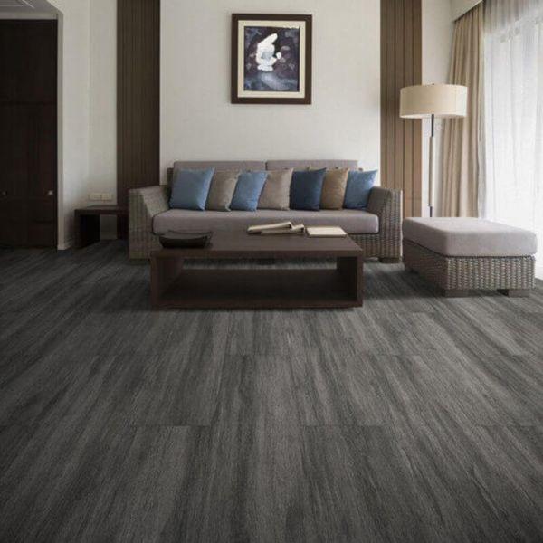 Perfection Floor Tile Breckenridge Wood Luxury Vinyl Tiles - 5mm Thick (20" x 20") with Black Wood Pattern Shown in the Context of a Living Room