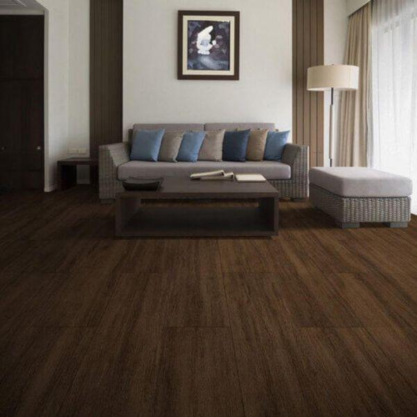 Perfection Floor Tile Breckenridge Wood Luxury Vinyl Tiles - 5mm Thick (20" x 20") with Chestnut Wood Pattern Shown in the Context of a Living Room