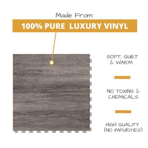 Perfection Floor Tile Breckenridge Wood Luxury Vinyl Tiles Made From 100% Pure Luxury Vinyl. Softer, Quieter and Warmer than PVC Floors. No Toxins or Chemicals. High Quality with no impurities.