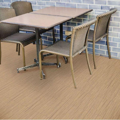 Perfection Floor Tile Classic Plank Wood Luxury Vinyl Tiles - 5mm Thick (20" x 20") with Aprono Wood Pattern Shown in the Context of a Dining Room/Patio