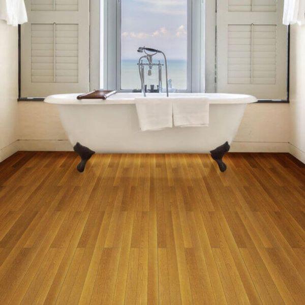Perfection Floor Tile Classic Plank Wood Luxury Vinyl Tiles - 5mm Thick (20" x 20") with Pine Wood Pattern Shown in the Context of a Bathroom