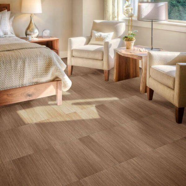 Perfection Floor Tile Classic Wood Luxury Vinyl Tiles - 5mm Thick (20" x 20") with Hickory Wood Pattern Shown in the Context of a Bedroom