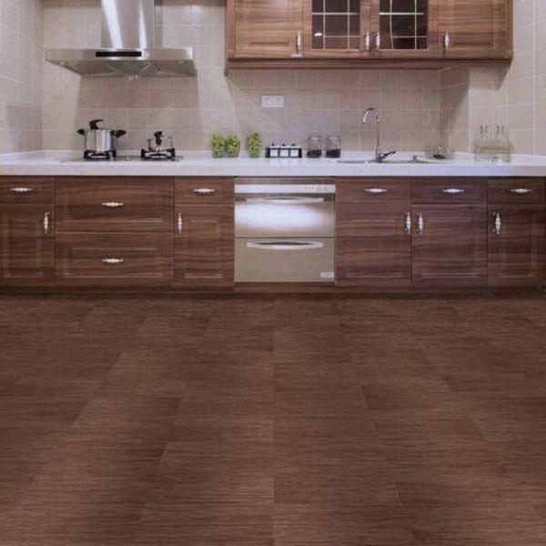 Perfection Floor Tile Classic Wood Luxury Vinyl Tiles - 5mm Thick (20" x 20") with Walnut Wood Pattern Shown in the Context of a Large Modern Kitchen