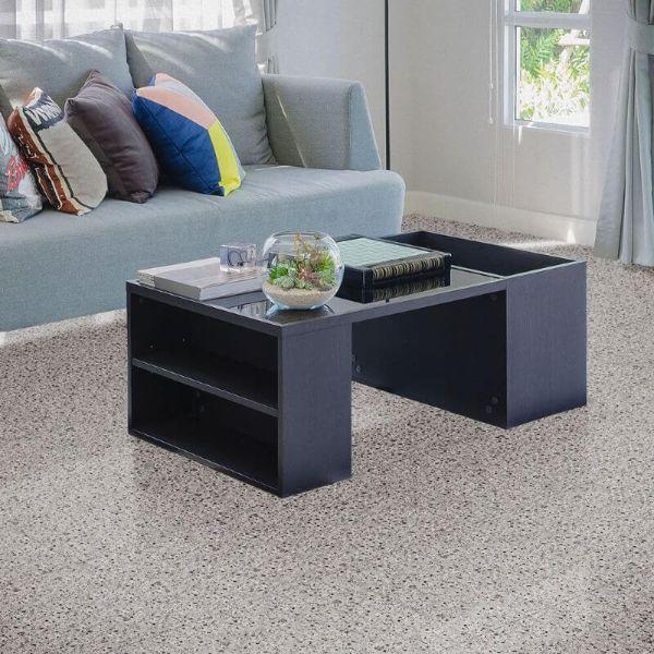 Perfection Floor Tile Granite Luxury Vinyl Tiles - 5mm Thick (20" x 20") with Light Granite Pattern Shown in the Context of a Living Room