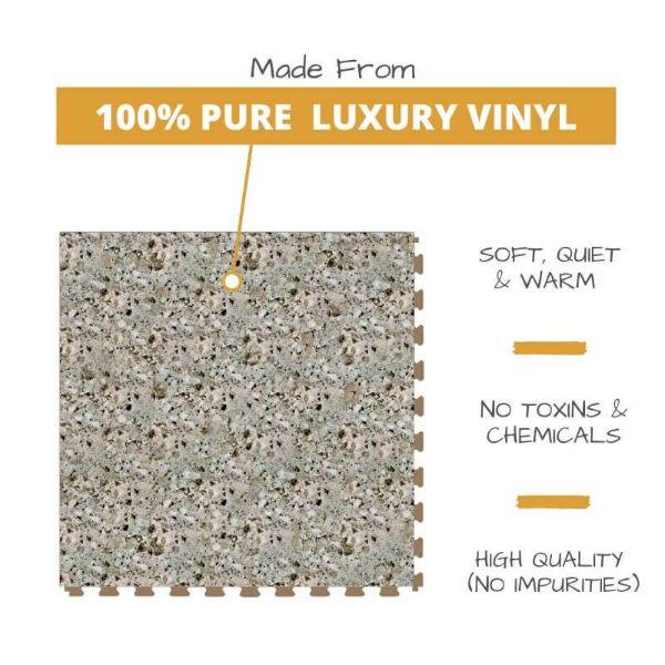 Perfection Floor Tile Granite Luxury Vinyl Tiles Made From 100% Pure Luxury Vinyl. Softer, Quieter and Warmer than PVC Floors. No Toxins or Chemicals. High Quality with no impurities.
