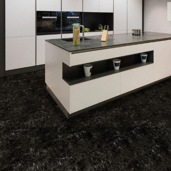 Perfection Floor Tile Marble Luxury Vinyl Tiles - 5mm Thick (20" x 20") with Black Marble Pattern Being Used in a Kitchen 