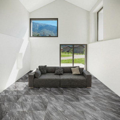 Perfection Floor Tile Marble Luxury Vinyl Tiles - 5mm Thick (20" x 20") with Border Opal Pattern Being Used in a Living Room