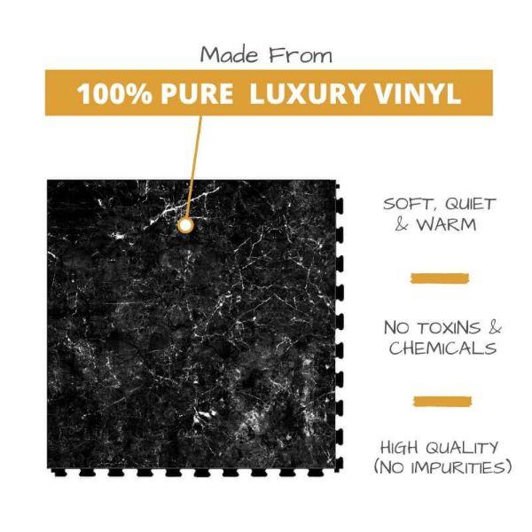 Perfection Floor Tile Marble Luxury Vinyl Tiles Made From 100% Pure Luxury Vinyl. Softer, Quieter and Warmer than PVC Floors. No Toxins or Chemicals. High Quality with no impurities.