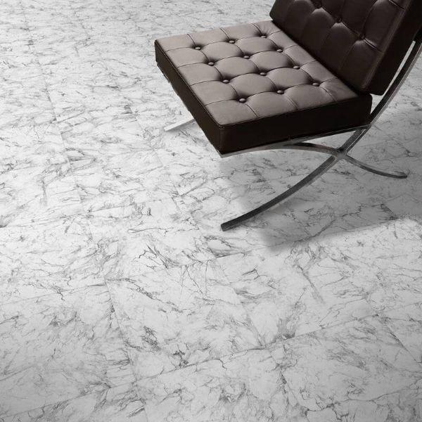 Perfection Floor Tile Marble Luxury Vinyl Tiles - 5mm Thick (20" x 20") with White Marble Pattern Being Used in a Living Room