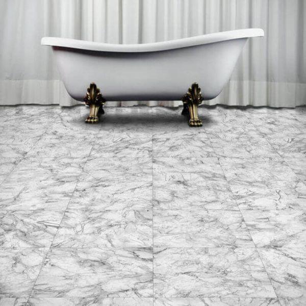 Perfection Floor Tile Marble Luxury Vinyl Tiles - 5mm Thick (20" x 20") with White Marble Pattern Being Used in a Bathroom