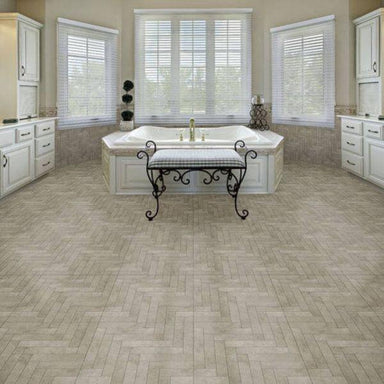 Perfection Floor Tile Mosaic Luxury Vinyl Tiles - 5mm Thick (20" x 20") with Beige Chevron Pattern Being Used in a Large Bathroom