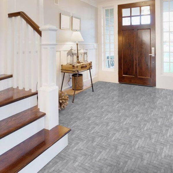 Perfection Floor Tile Mosaic Luxury Vinyl Tiles - 5mm Thick (20" x 20") with Gray Chevron Pattern Being Used in a Living Room