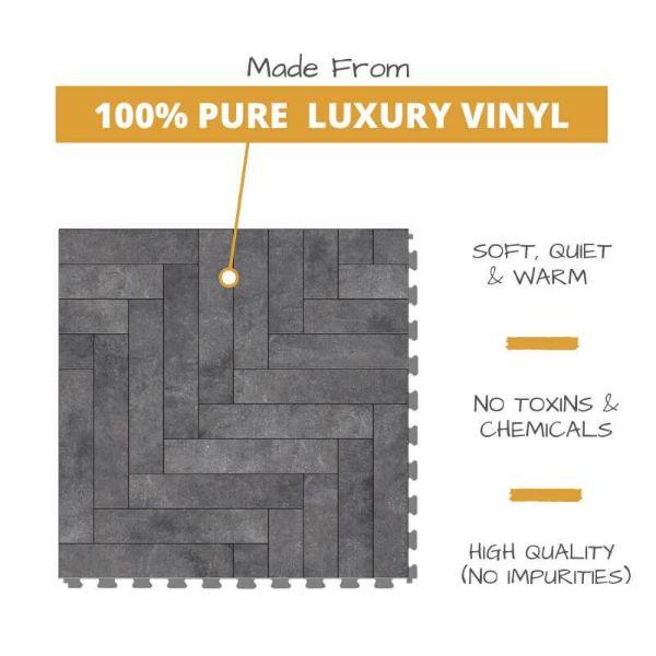 Perfection Floor Tile Mosaic Luxury Vinyl Tiles Made From 100% Pure Luxury Vinyl. Softer, Quieter and Warmer than PVC Floors. No Toxins or Chemicals. High Quality with no impurities.