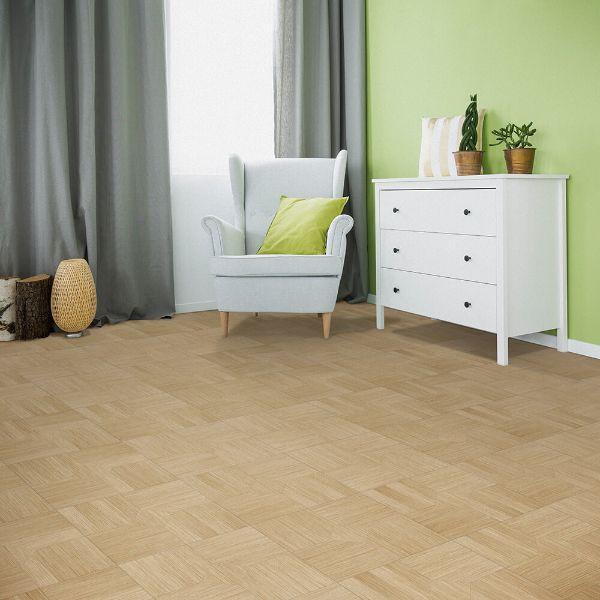 Perfection Floor Tile Parquet Luxury Vinyl Tiles - 5mm Thick (20" x 20") with Birch Wood Pattern Being Used in a Living Room