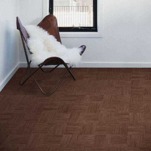 Perfection Floor Tile Parquet Luxury Vinyl Tiles - 5mm Thick (20" x 20") with Walnut Wood Pattern Being Used in a Living Room