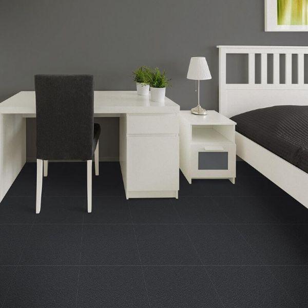 Perfection Floor Tile Slate Vinyl Tiles - 5mm Thick (20" x 20") in Dark Gray Color Being Used in a Bedroom