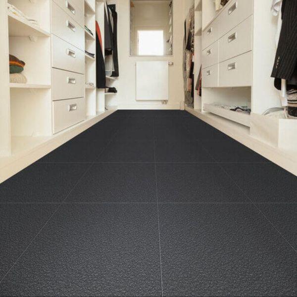 Perfection Floor Tile Slate Vinyl Tiles - 5mm Thick (20" x 20") in Dark Gray Color Being Used in a Closet