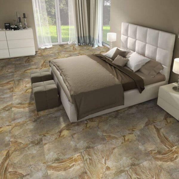 Perfection Floor Tile Natural Creek Stone Luxury Vinyl Tiles - 5mm Thick (20" x 20") with Country Stone Pattern Being Used in a Bedroom