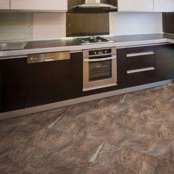 Perfection Floor Tile Natural Creek Stone Luxury Vinyl Tiles - 5mm Thick (20" x 20") with Megata Stone Pattern Being Used in a Kitchen